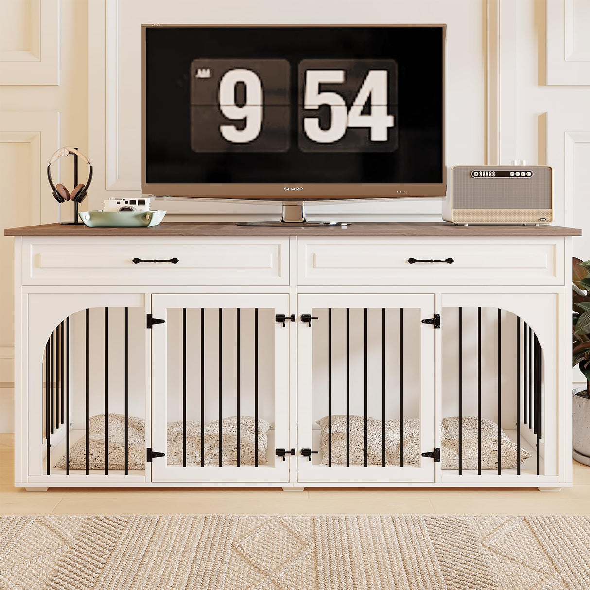 EBE Dog Crate Furniture, 74.8''Wooden Dog Crate with 2 Drawers and Removable Divider, Dog Kennel Indoor Furniture with Double Rooms, Heavy Duty Dog Crate Table Indoor TV Stand for Large Medium Dogs EBE