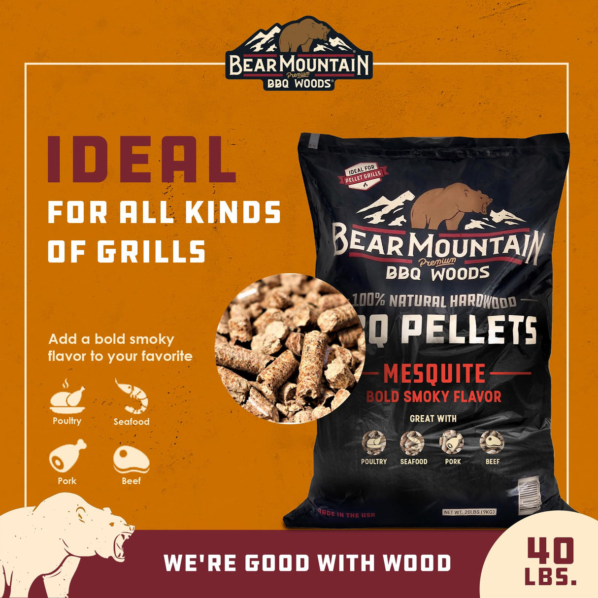 Bear Mountain All Natural Wood Pellets for Smoker, Grill & BBQ, 40 Lbs, Mesquite Bear Mountain Premium BBQ Woods