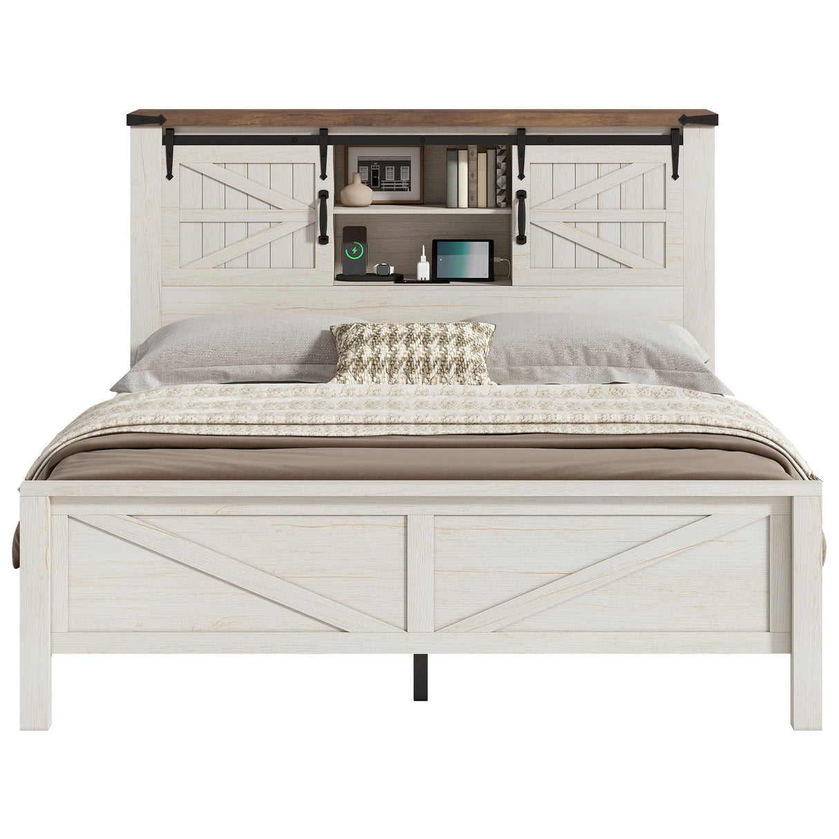 AMERLIFE Farmhouse Queen Bed Frame with Storage Headboard & Charging Station, Rustic Wood Platform Bed with Barn Door Bookcase, No Box Spring Needed, Antique White Bedroom Furniture AMERLIFE