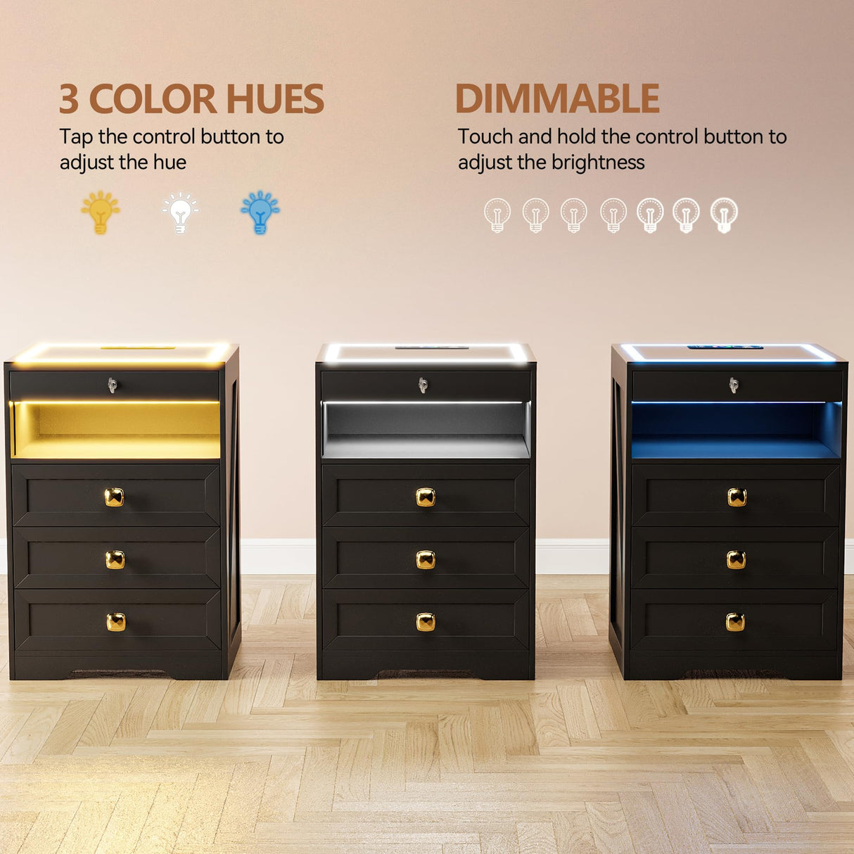 HNEBC 3 Color Dimmable LED End Table with Charging Station,Night Stand with Glass Desktop,Bedside Table with 3 Drawers for Bedroom,Black HNEBC