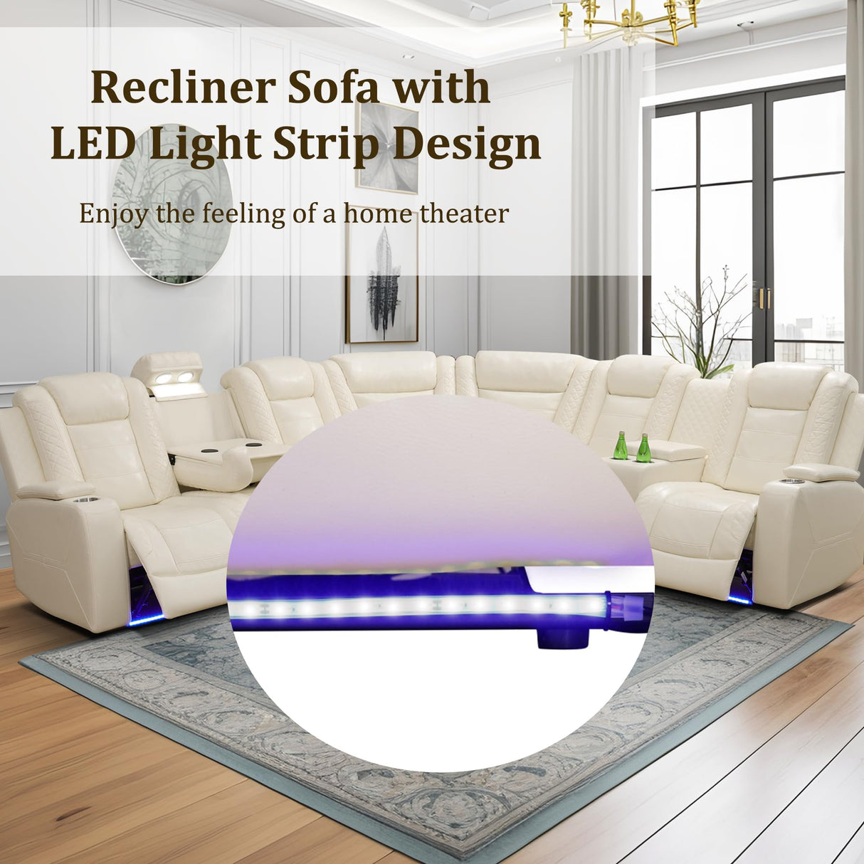 Ocstta Power Reclining Sectional Sofa Breathing Leather Sectional with Recliner, LED Light, Cup Holders and Storage 6 Seats L Shaped Recliner Couch for Home Theater Seating (Cream White) Ocstta