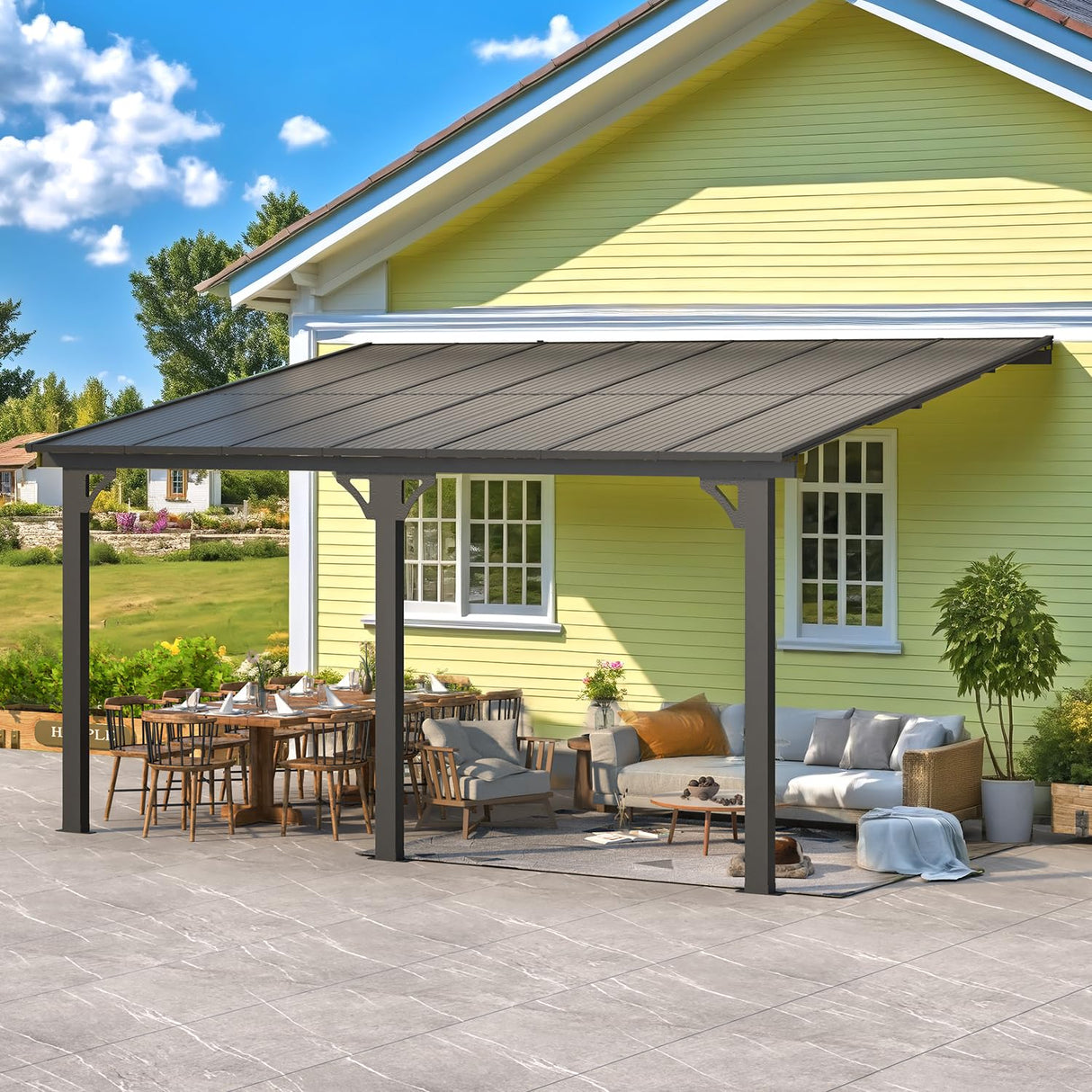 AECOJOY 10' x 14' Adjustable Height Outdoor Lean to Gazebo Pergola for Patio, Large Wall-Mounted 8.1-9.8 Ft Hard Top Metal Heavy Duty Metal Awnings Shelter Pergolas and Gazebos Clearance with Roof AECOJOY