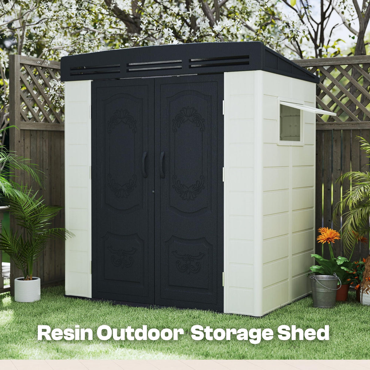 Patio Kingdom 6x4FT HDPE Resin Outdoor Storage Shed with Sloped Roof, Injection Molded Plastic Lean to Garden Tool Shed, All Weather Resistant, Lockable Double Doors & Ventilation for Backyard Patio Patio Kingdom