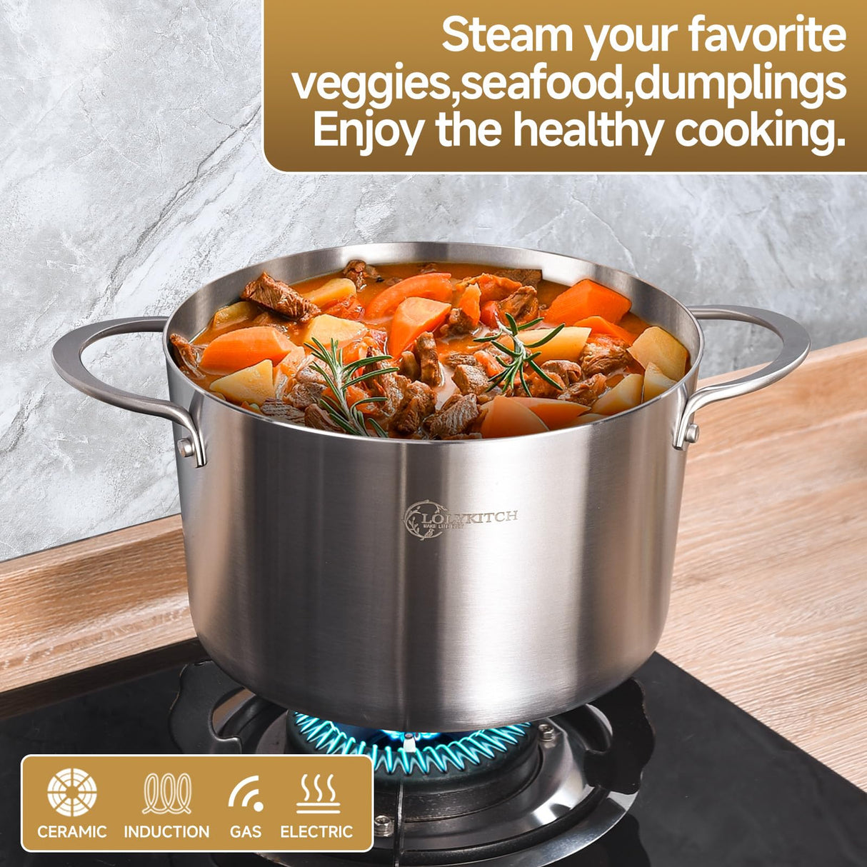 LOLYKITCH Tri-ply Stainless Steel 5 QT Stock Pot with Steamer,Induction Cooking Pot,Pots and Pans,Heavy Duty,Dishwasher and Oven Safe. LOLYKITCH