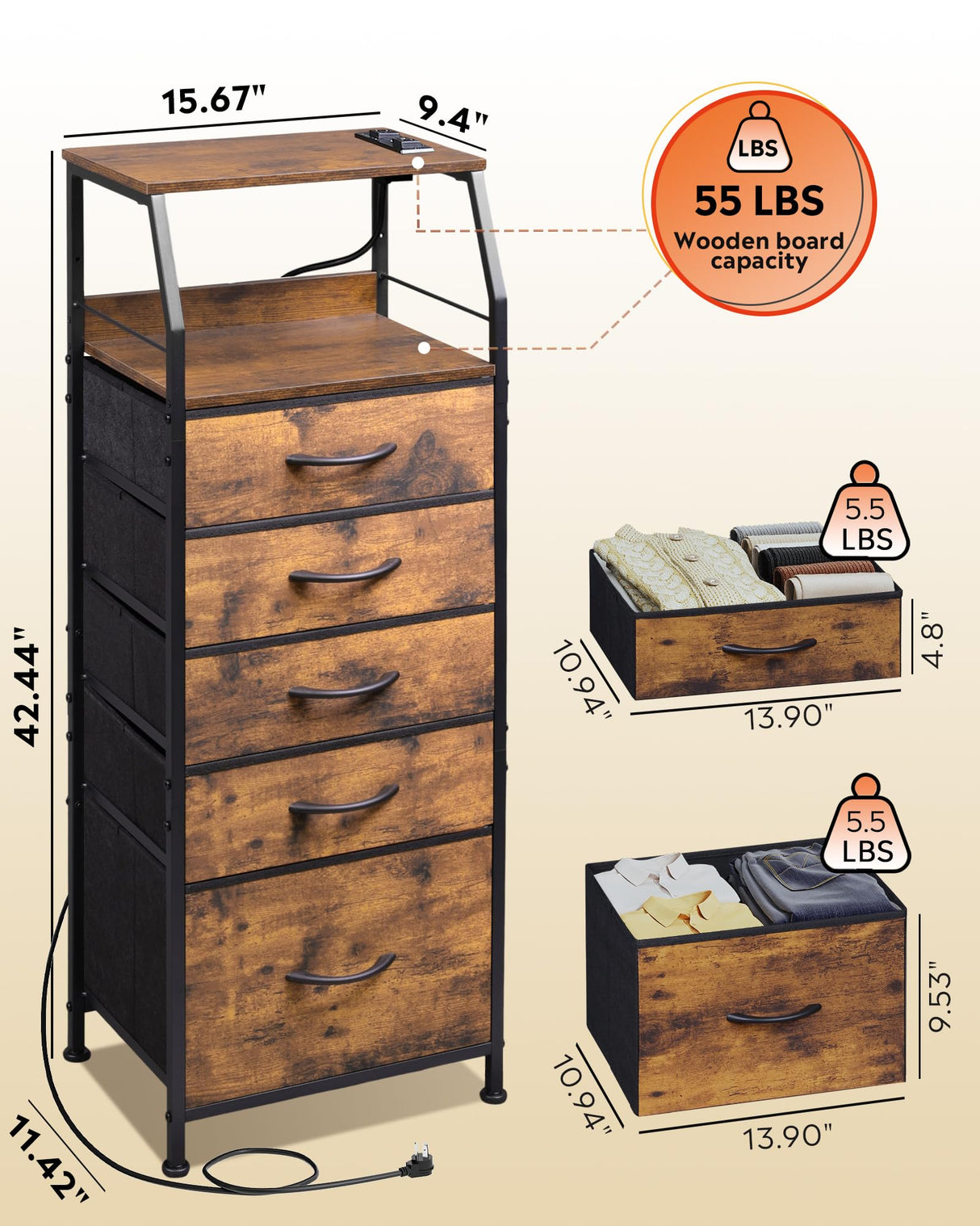 WLIVE LED Nightstand with Charging Station, Fabric Dresser with 5 Drawers for Bedroom, Tall Night Stand with Open Shelves, Bed Side Tables Living Room, Rustic Brown WLIVE