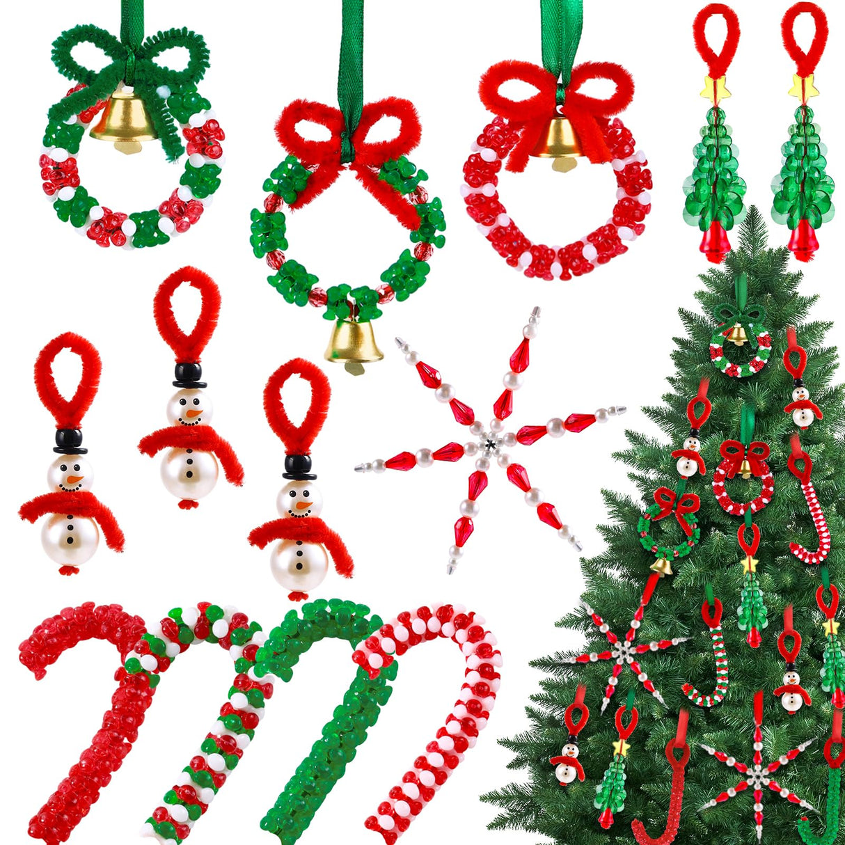 Vellibring 36 Set Christmas Beaded Crafts Ornament Beading Kit Mini Christmas Tree Classic Plastic Hanging Decor DIY Accessories for Xmas Tree Decorations Holiday Prensent Party Supplies Vellibring