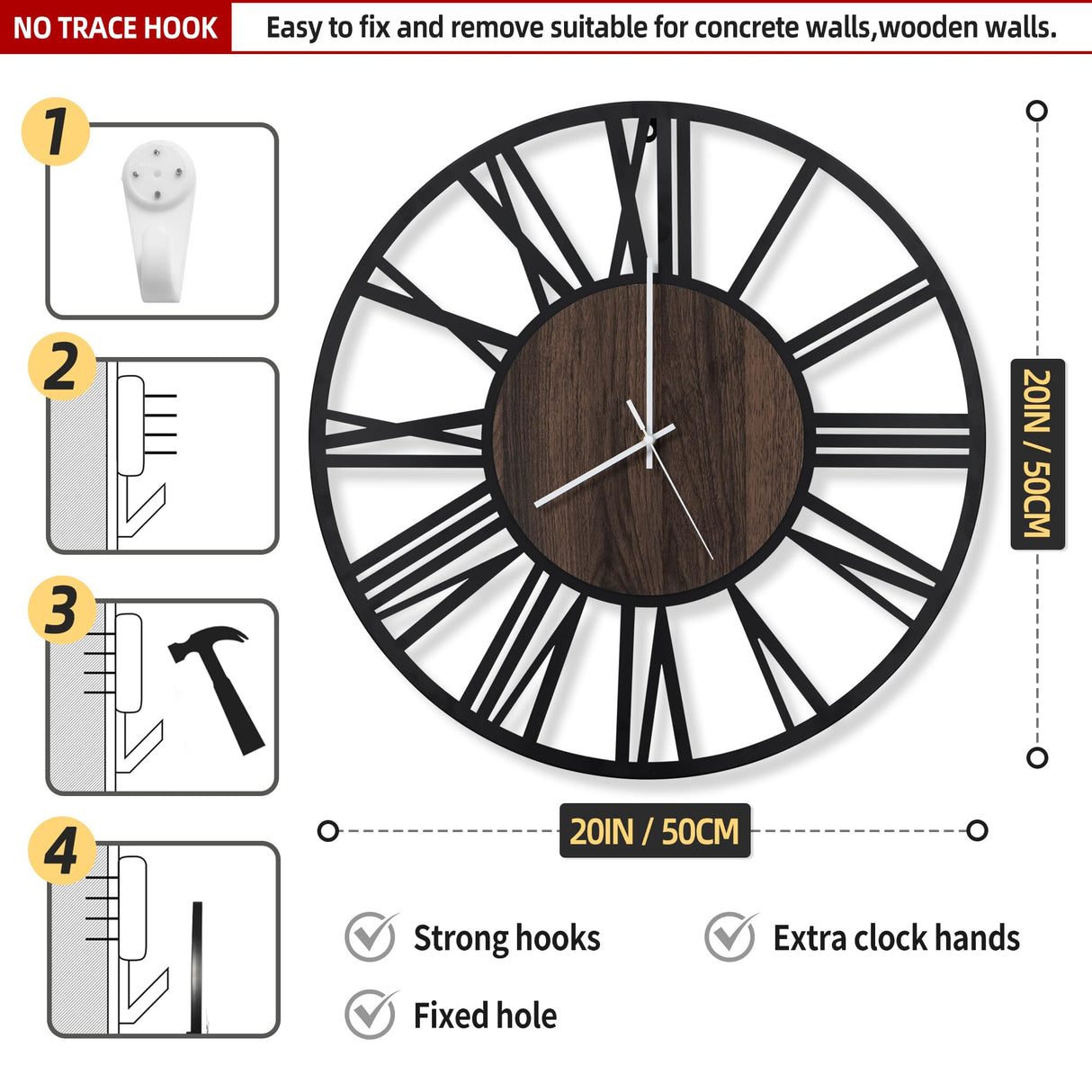 LEIKE Large Wall Clocks with Night Light Battery Operated,Silent Non Ticking,Rustic Modern Big Wood Clock for Living Room, Bedroom,Kitchen,Farmhouse,Office,Home Decor-20 Inch(Roman Numerals) LEIKE