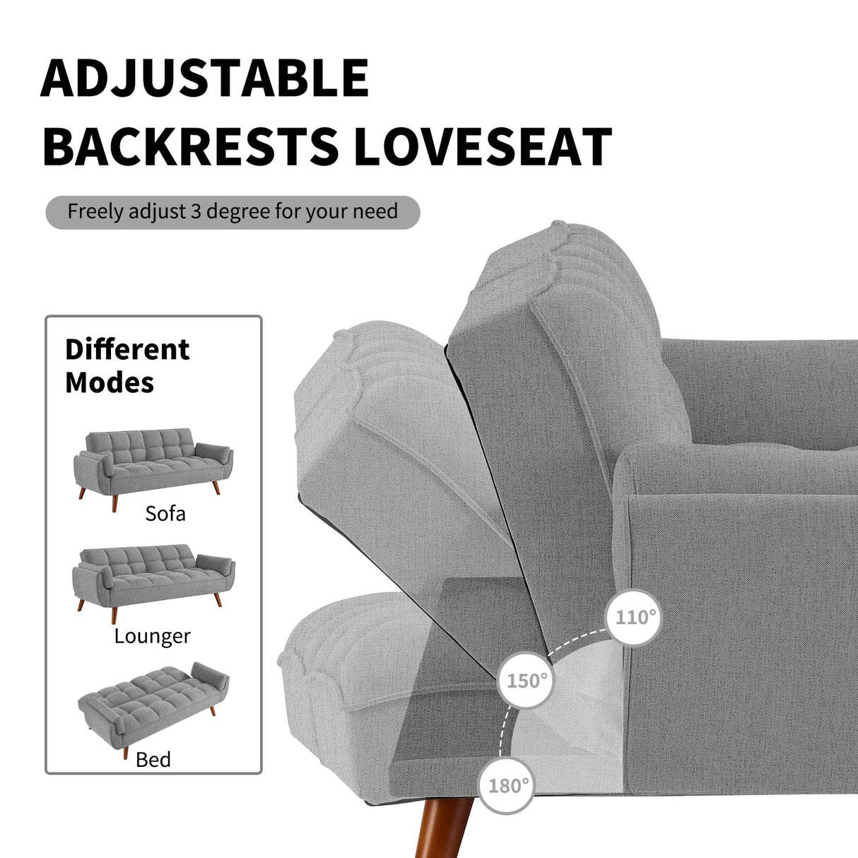 Homies Life Convertible Futon Sofa Bed, Linen Sleeper Couch, 75" W Modern 3 Seater Tufted Sofa with Adjustable Backrests and Solid Wood Legs for Living Room, Bedroom, Small Space, Gray Homies Life