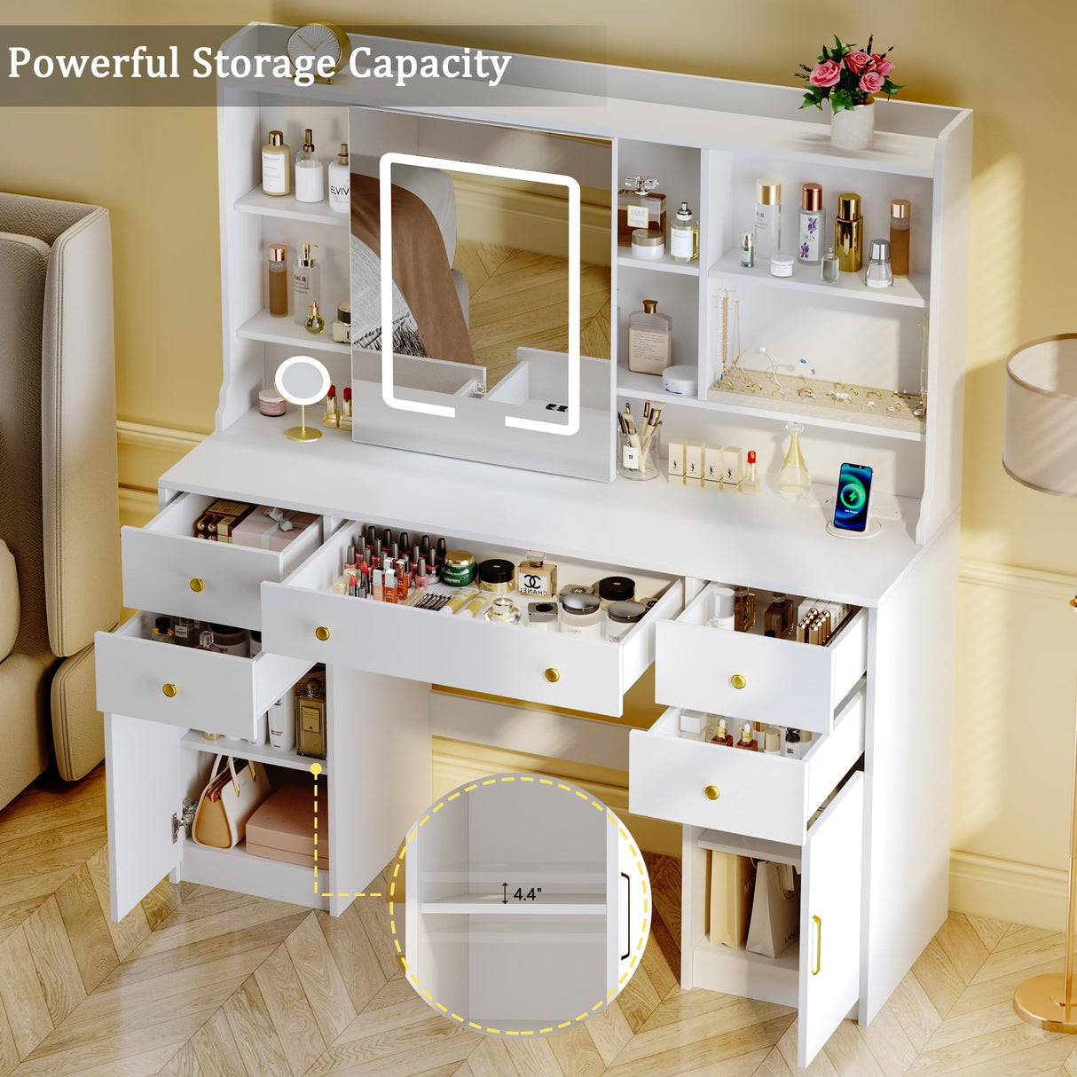 HUAHUU Vanity Desk with Mirror and Lights, Vanity Desk with Sliding LED Mirror, Makeup Vanity with Adjustable 3 Lights Modes, White Vanity with 5 Drawers & 2 Storage Cabinet, for Bedroom HUAHUU