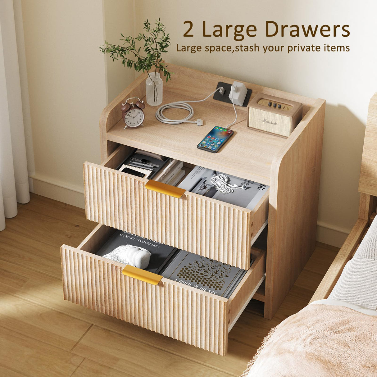 SEPTBOT Fluted Nightstand Set of 2, 23.6" Night Stand with Charging Station,Modern Side Table with 2 Drawers,Bedside Table for Bedroom,Living Room,Natural Oak SEPTBOT