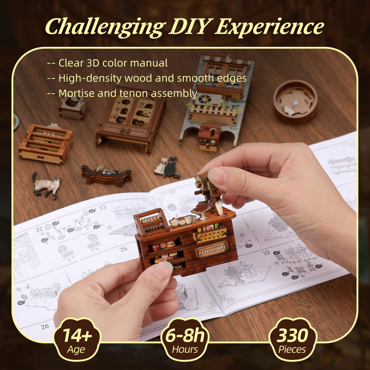 FUNPOLA 3D Wood Puzzle Book Nook Kit, Caramel Dream Cat Café Bookshelf Insert with LED Lights, DIY Miniature Bookend Décor for Display, Cozy Craft Gift for Cat Lovers and Teens (Caramel Dream) FUNPOLA