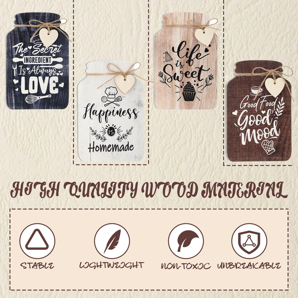 Weysat 4 Pieces Kitchen Wall Decor Mason Jar Set 5 x 8 Inch Wooden Farmhouse Dining Room Art Rustic Inspirational Kitchen Signs Decorations Mason Jar Wall Hanging Plaque Weysat