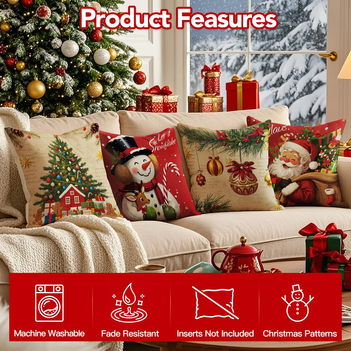 UPOFFICIS Christmas Pillow Covers 18x18 inch Set of 4, Christmas Decorations Cushion Covers, Xmas Pillow Covers, Pillowcases Throw Pillow Covers for Sofa Couch Home Decor UPOFFICIS
