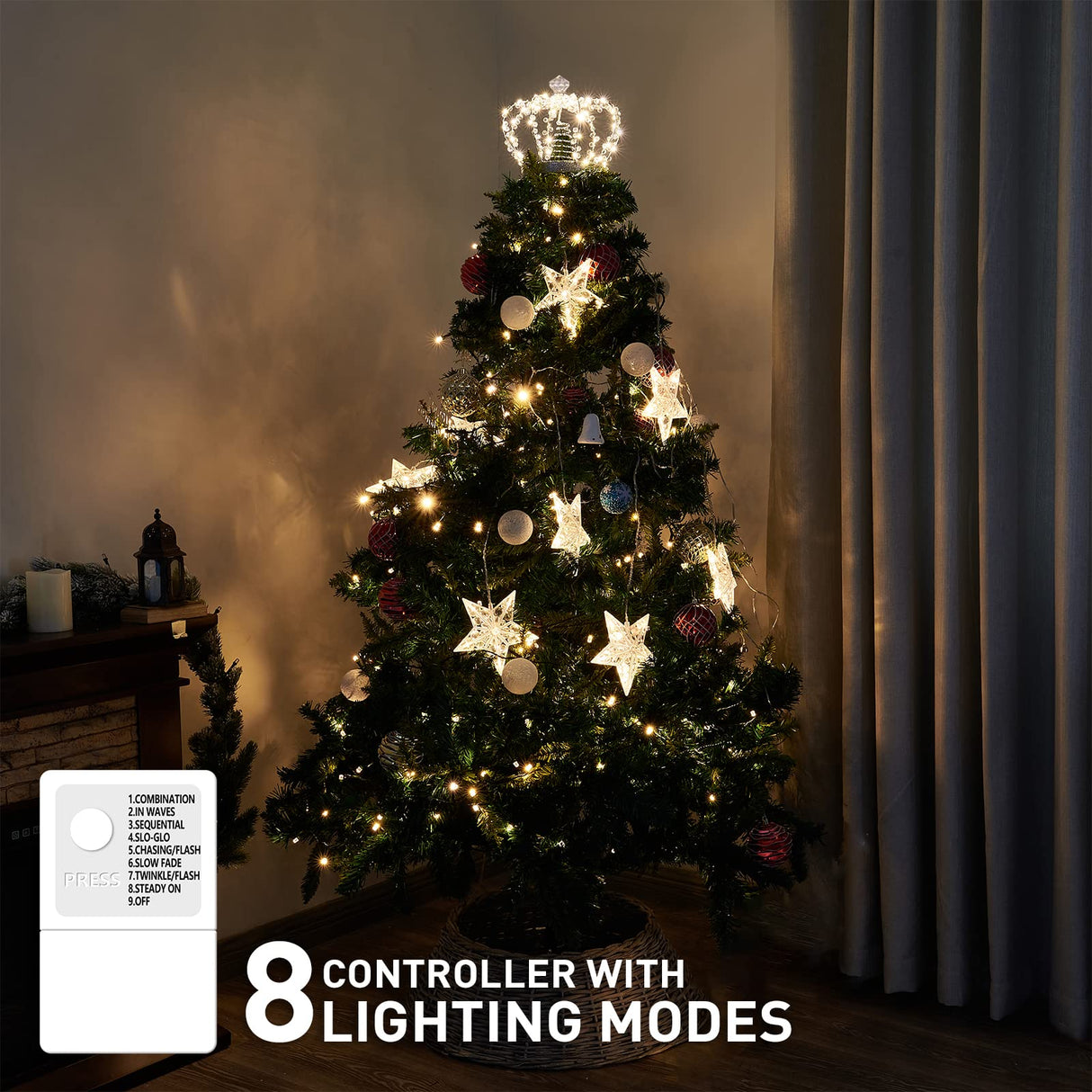 PEIDUO Christmas Jeweled Crown Tree Topper, Light up Tree Topper with 60 Warm White Lights, Large Christmas Topper Unique with Multifunction Controller, Metal Xmas Topper Decorations for Tree, Plug in PEIDUO