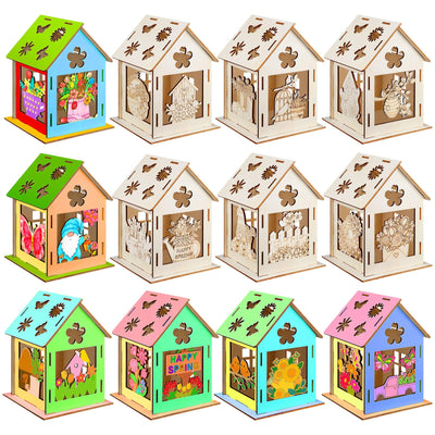 Cinnvoice 12 Sets Spring House Craft Kit to Paint DIY Birdhouse Kit Painting Puzzle Spring Wooden Houses Village Scene Festival Wood Craft House Decors for Table Centerpieces Home