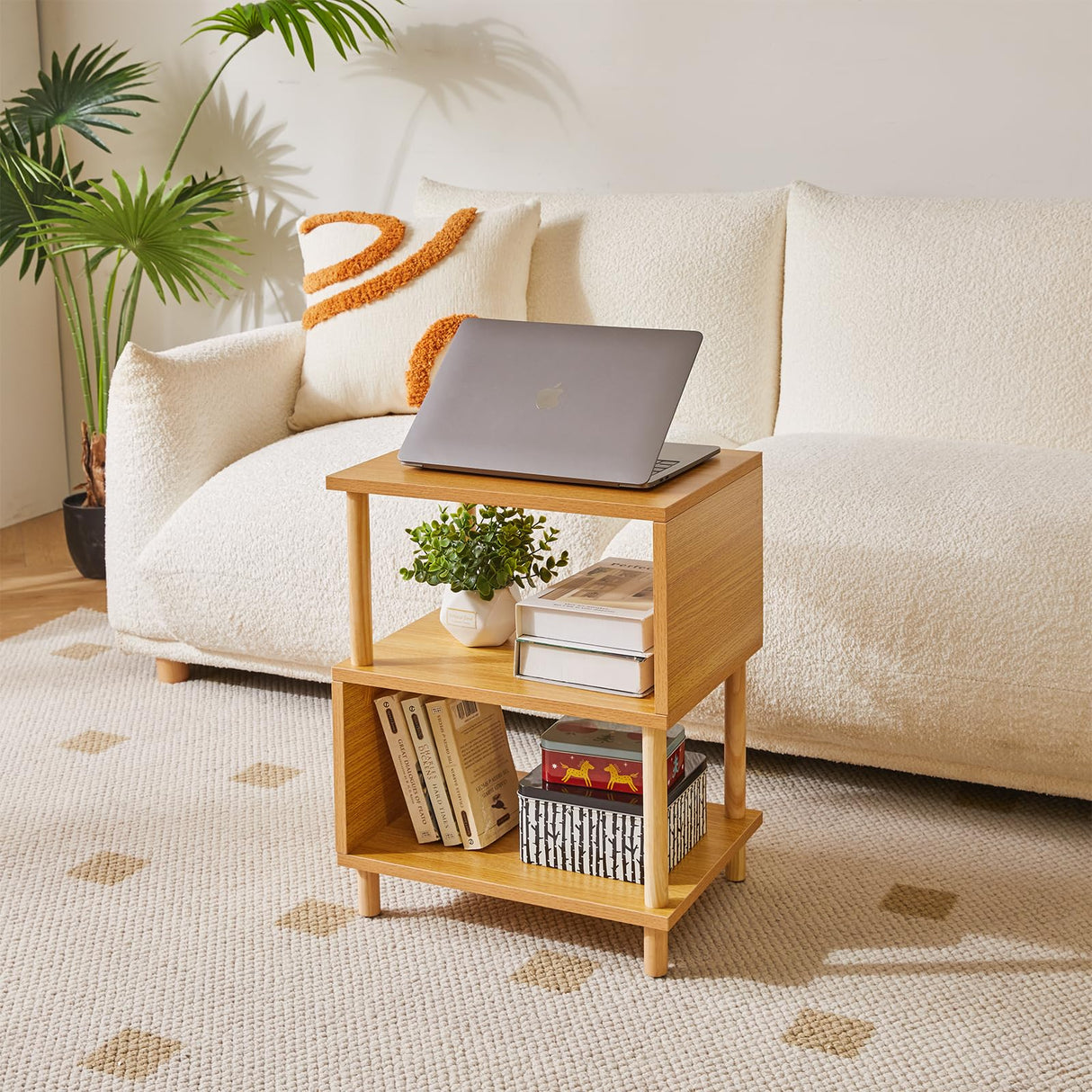 Aibiju Wooden Night Stand with Open Shelf, Nightstand with Solid Wood Legs, S-Shaped Bed Side Table 3 Tier,20 inch High End Table Natural Wood YD-TM152N Aibiju