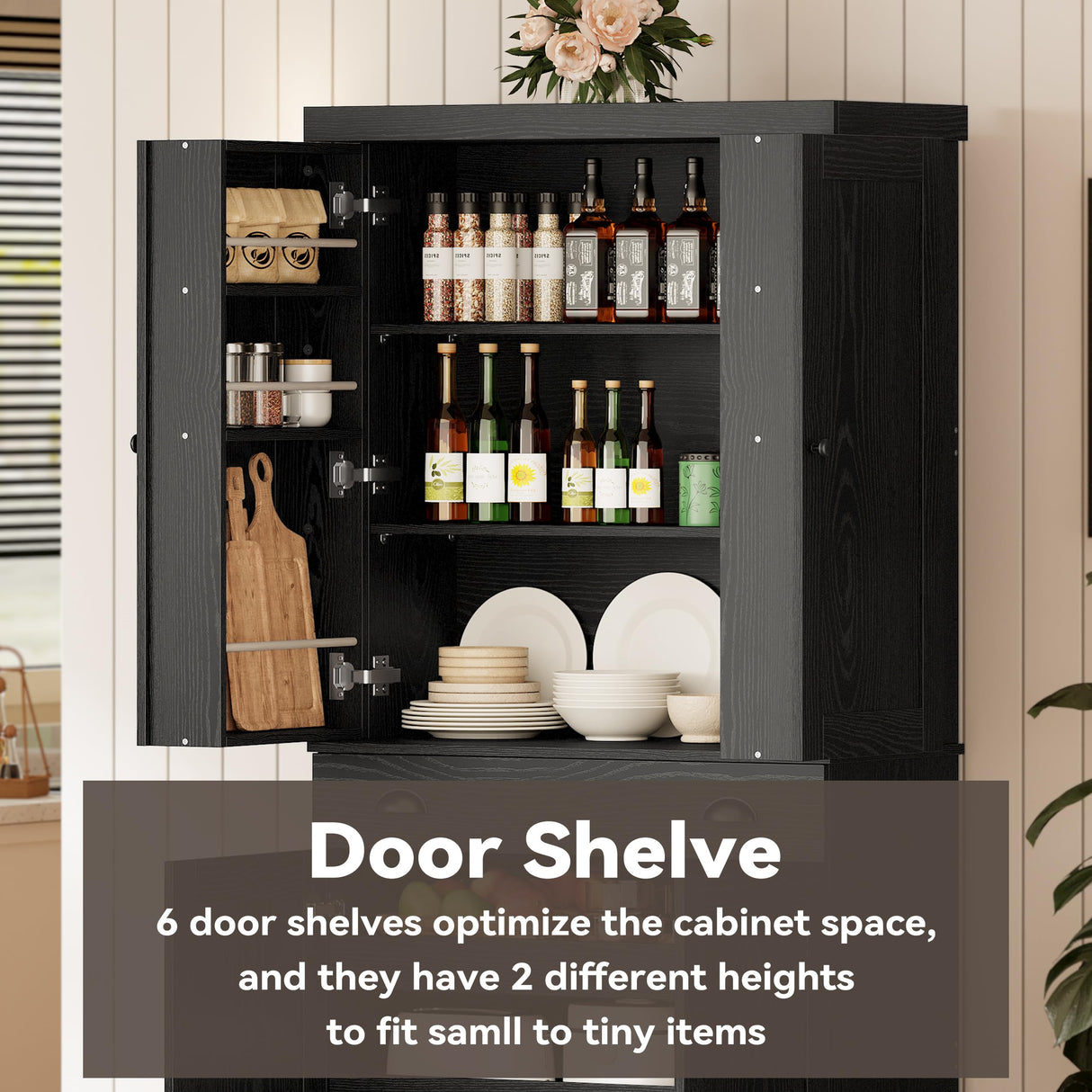 IRONCK Kitchen Pantry Cabinet 72" Height, Freestanding Cupboard with Drawer, Sliding Storage Rack, and 6 Hanging Shelves for Dining Room, Laundry, Living Room, Black IRONCK