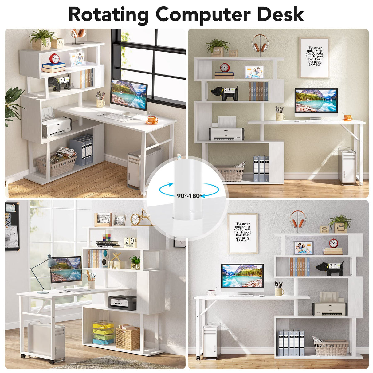 Tribesigns Rotating Computer Desk with 5 Shelves Bookshelf, Modern L-Shaped Corner Desk with Storage, Reversible Office Desk Study Table Writing Desk on Wheels for Home Office (White) Tribesigns