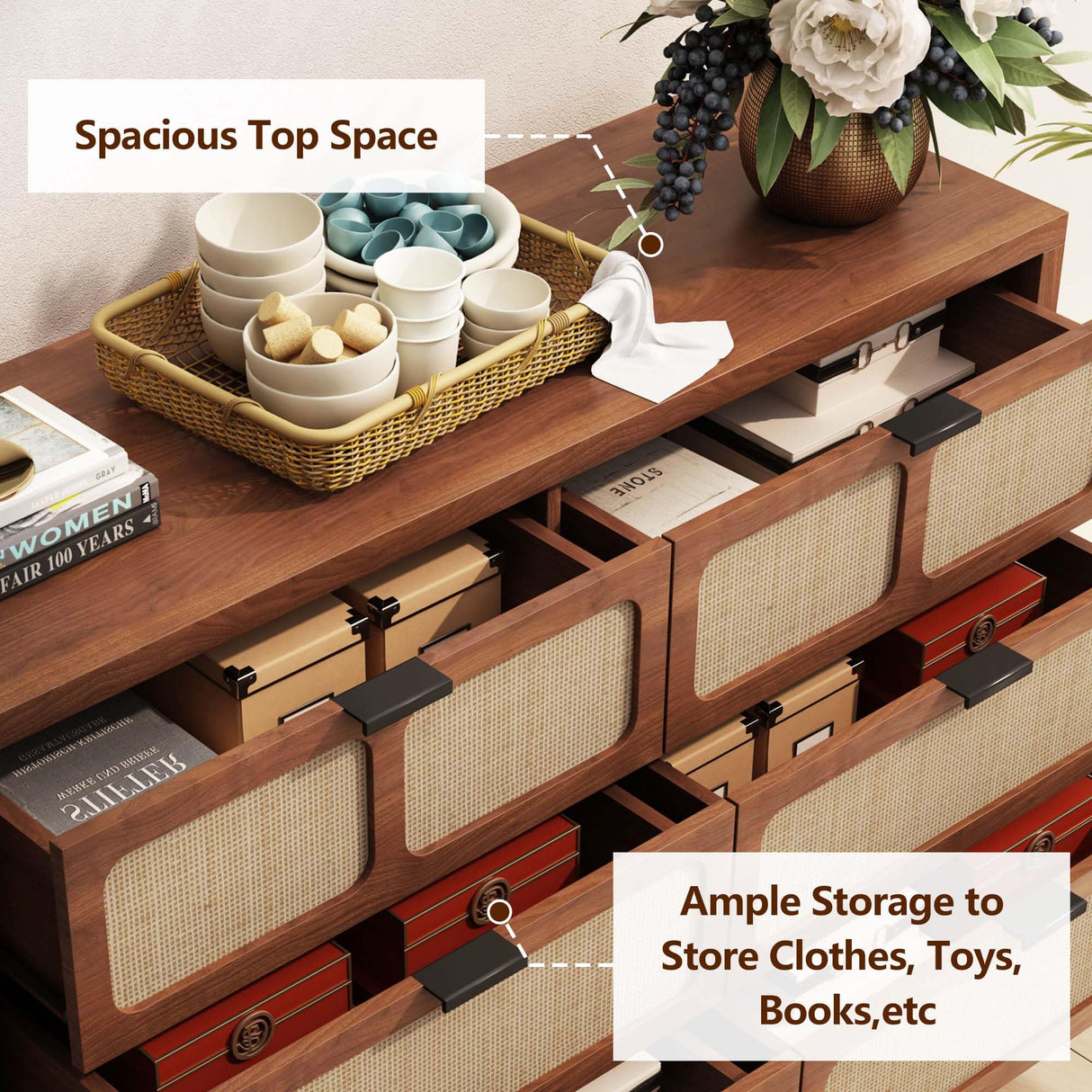 LEVNARY 6 Drawer Dresser for Bedroom, Rattan Dresser Drawer Organizer with Metal Handles, Accent Wood Chest of Drawers for Entryway, Closet, Living Room, Hallway, Nursery (Walnut) LEVNARY