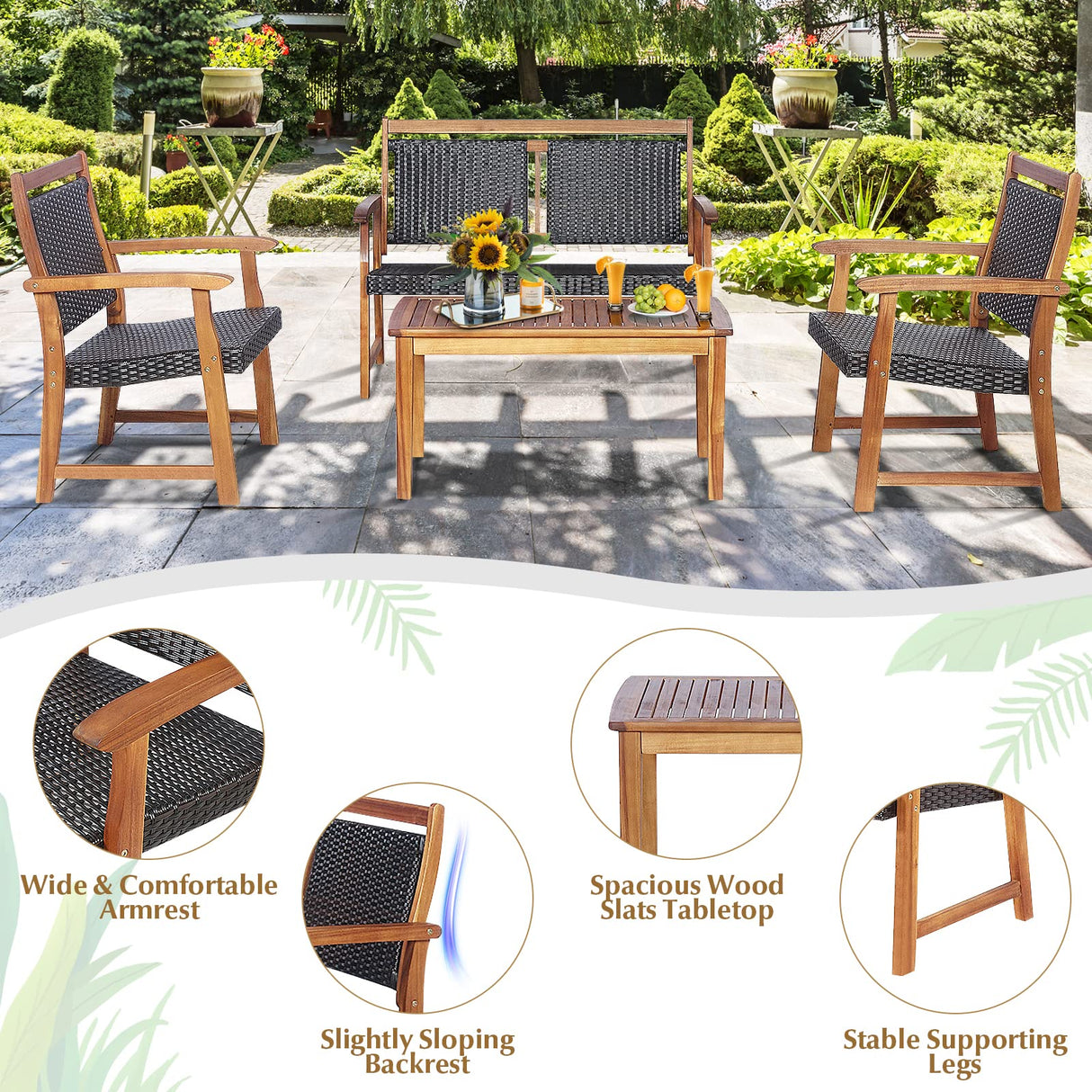 Tangkula 4 Pieces Patio Rattan Conversation Set with Acacia Wood Frame, Patiojoy Outdoor Furniture Set with Chairs & Coffee Table, Sectional Furniture Set for Garden, Backyard, Poolside Tangkula