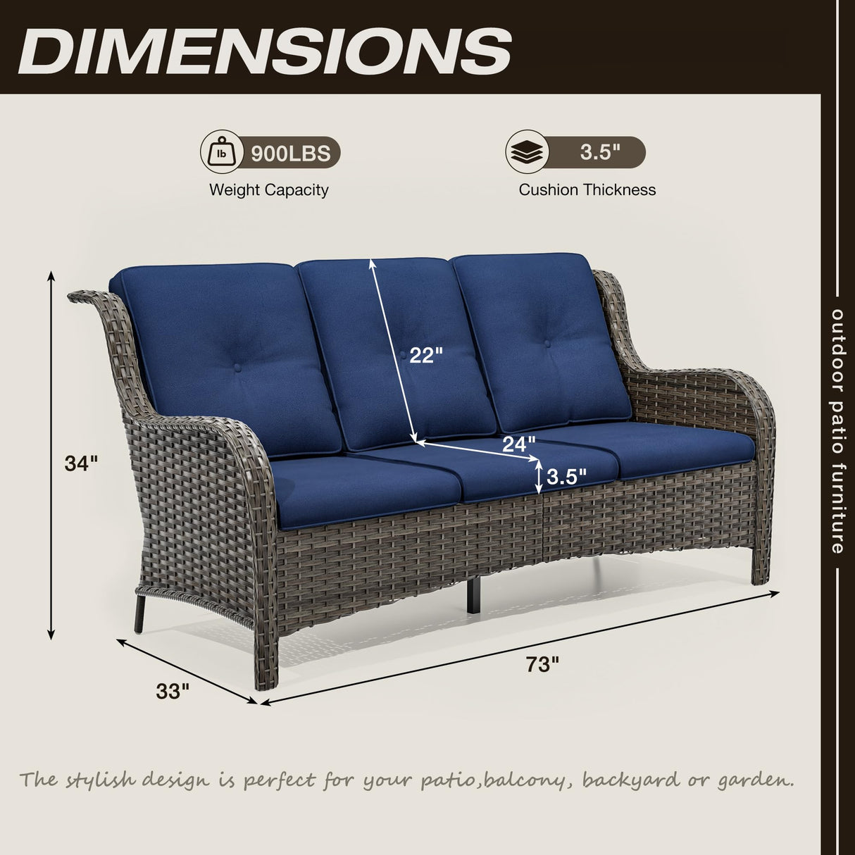 Joyside Outdoor Patio Couch Wicker Sofa - 3 Seater Rattan Sofa for Outside Patio Garden with Deep Seating and Olefin Cushions(Mixed Grey/Blue) Joyside