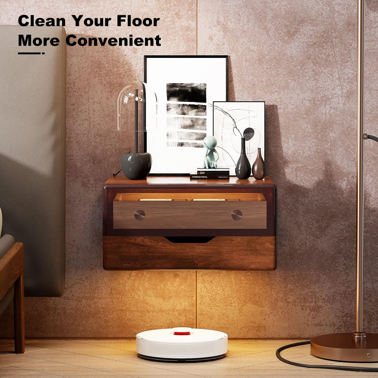 MUSSTUFIC Floating LED Nightstand, Smart Sensor Bedside Wall Mounted Wood Side End Table with 2 Storage Drawers for Bedroom Dorm Small Space, Dark Walnut (Walnut, 1 pcs) MUSSTUFIC