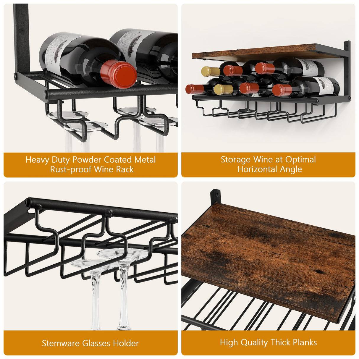 2 Tiers Wine Rack Wall Mounted with Wine Bottle Holder & Wine Glass Rack, Bar Shelves for liquor bottles, Hanging Wine Rack, Wine Storage Display Rack Shelf for Home Bar,Dining Room,Kitchen,Rustic Gewudraw