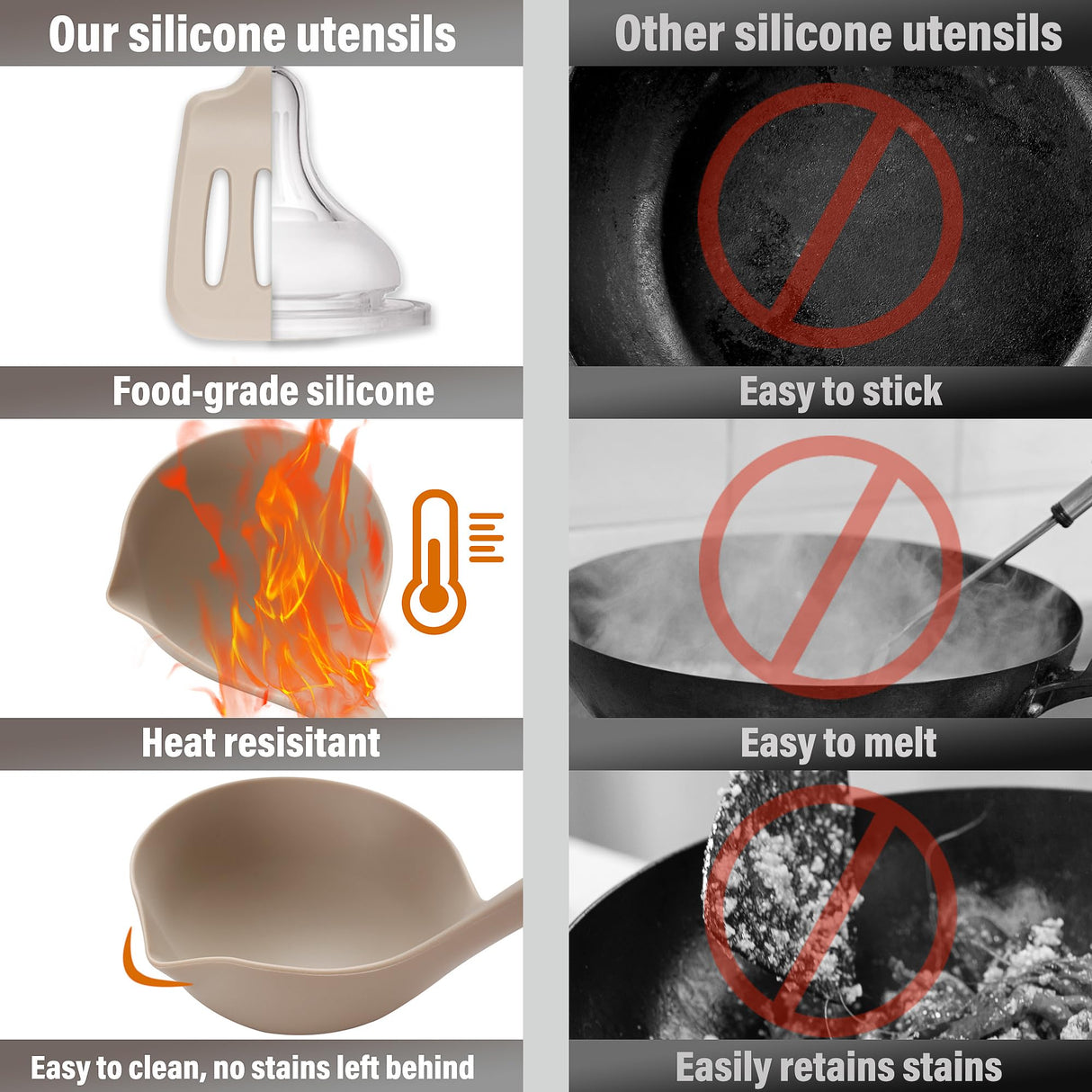 QMVESS Large Silicone Cooking Utensils Set 7 Pcs Heat Resistant Kitchen Utensils Set Food Grade Silicone and Wooden Handles Spatula Soup Ladle Pasta Server Kitchen Scissors BPA Free (Khaki) QMVESS