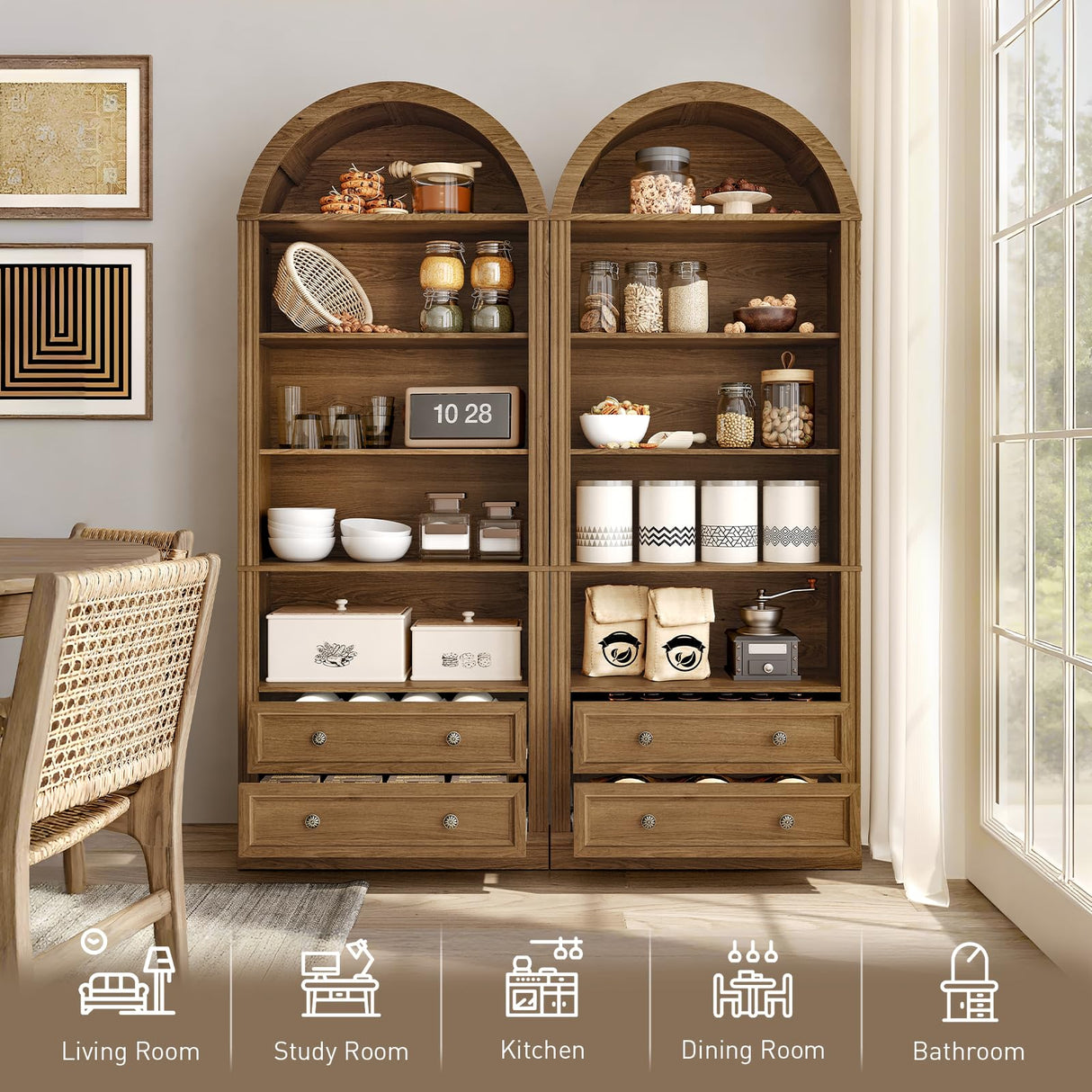 RALGEND Farmhouse Arched Bookshelf, 7 Tiers Arch Bookcase with 2 Spacious Drawers, Modern Book Shelf with Open Display Shelves and Storage Cabinet, for Office, Living Room, Kitchen, Walnut RALGEND