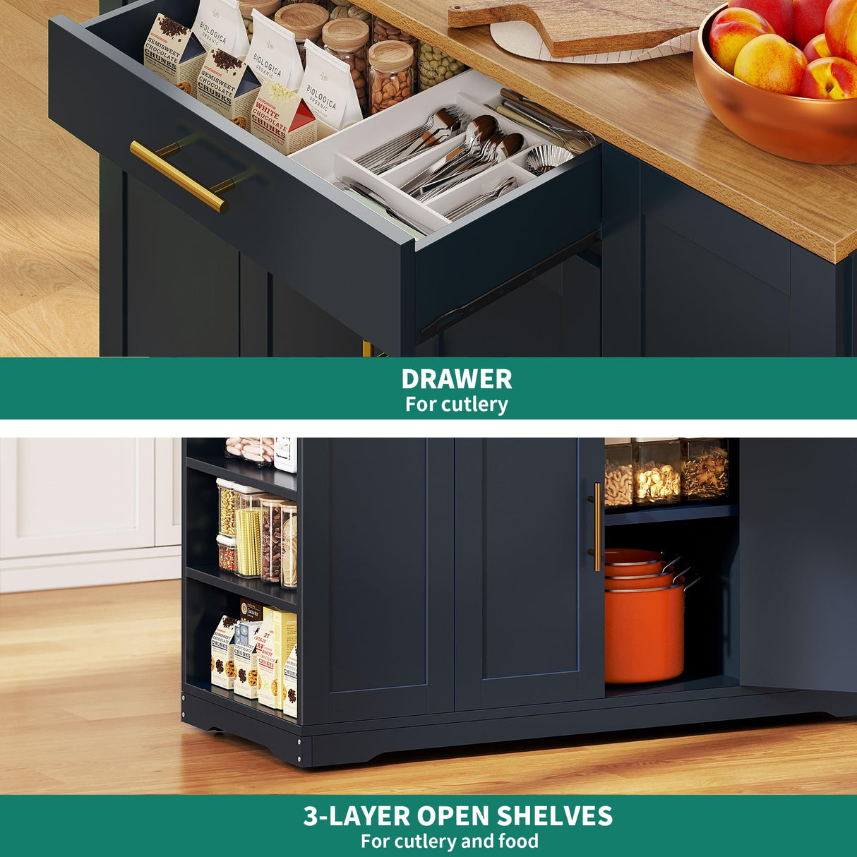 YITAHOME 53 inch Large Rolling Kitchen Island with Trash Can Storage Cabinet, Portable Mobile Islands Table Long Floating Movable w Wheels Cabinet for 13 Gallon Garbage Bin 2 Drawer, Navy Blue YITAHOME