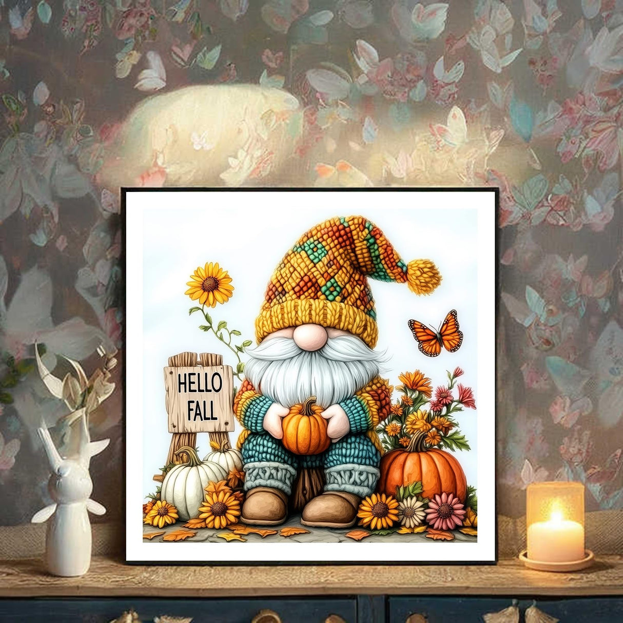 DIYDECORFUN Gnome Diamond Art Kits for Adults, Hello Fall Diamond Painting Kit for Beginners,DIY 5D Full Round Drills Autumn Pumpkin Diamond Dot Gem Art Crafts for Home Wall Decor 14x14IN DIYDECORFUN