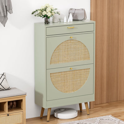 Yechen Shoe Rack Storage Organizer with 2 Natural Semi-Circular Rattan Doors, Entryway Wooden Shoe Cabinet for Sneakers, Leather Shoes, High Heels, Slippers (1 Piece, Morandi Green)