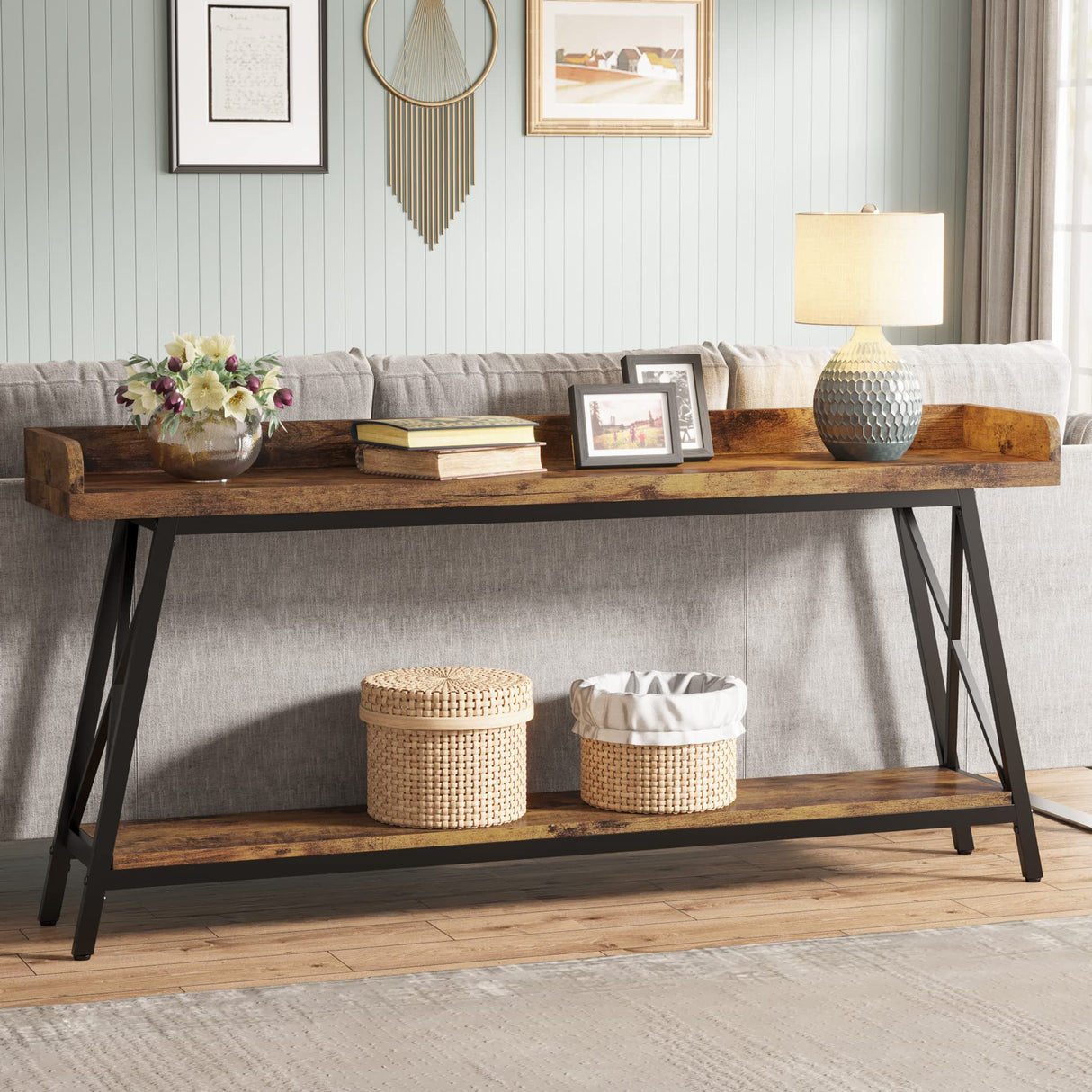 LITTLE TREE 70.9 Inch Retro Brown Console Table - Narrow Entryway & Behind Couch Accent Table LITTLE TREE