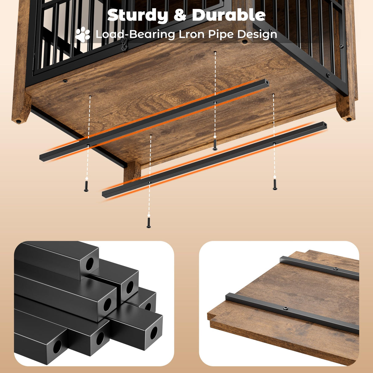 Lulive Dog Crate Furniture, Wooden Dog Kennel Indoor with Adjustable 360°& Height Dog Bowls, Double Doors Furniture Dog Crates End Table for Small/Medium 31.5" L*22.5" W*25.6" H, Brown Lulive