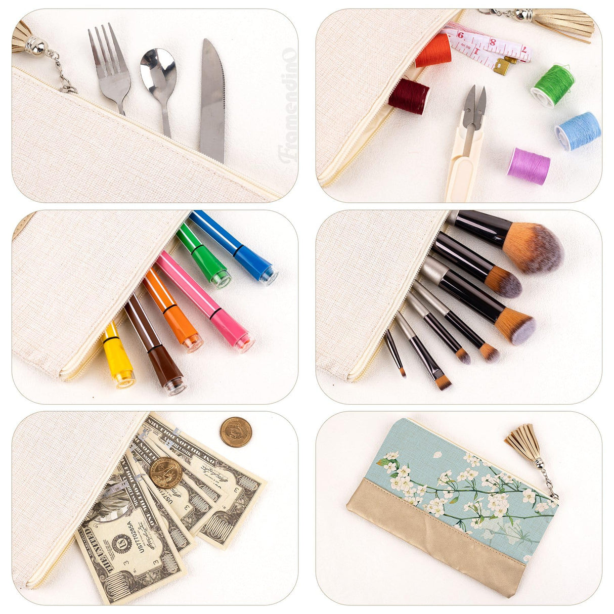 Framendino, 6 Pack Sublimation Blank Canvas Makeup Bags with PU leather Bottom DIY Heat Transfer Cosmetic Bag Pencil Pouches Travel Toiletry Tassel Zipper Bags for DIY Crafts Framendino
