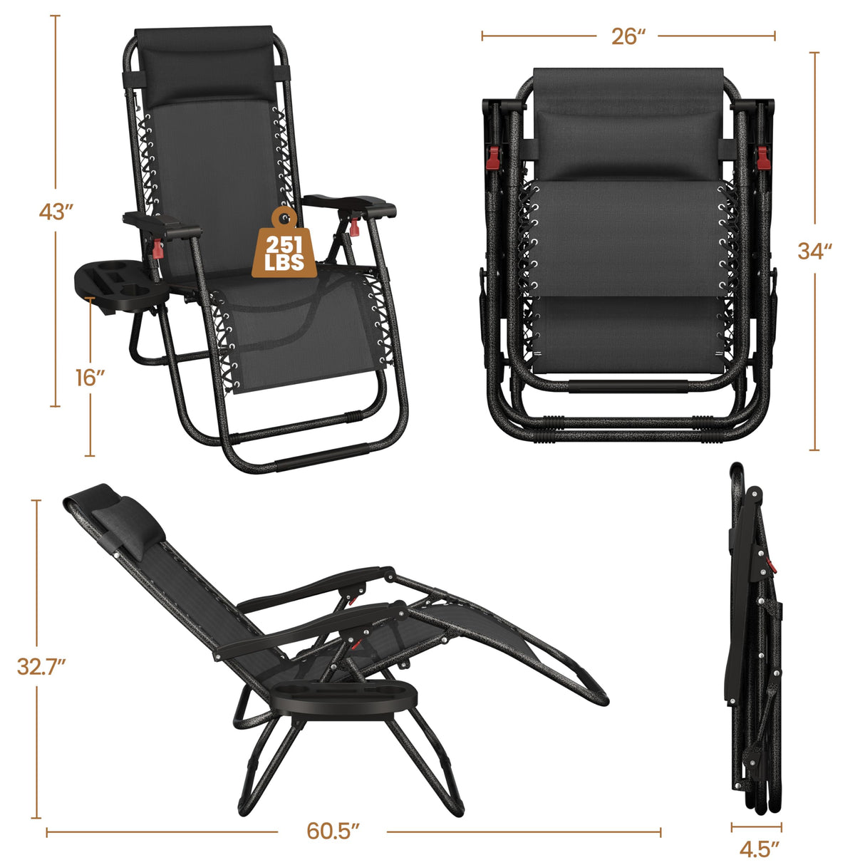 Yaheetech Zero Gravity Recliners Outdoor Adjustable Folding Reclining Lounge Chairs w/Pillows, Cup Holder Trays and Carry Strap for Patio Backyard Beach Black Set of 2 Yaheetech
