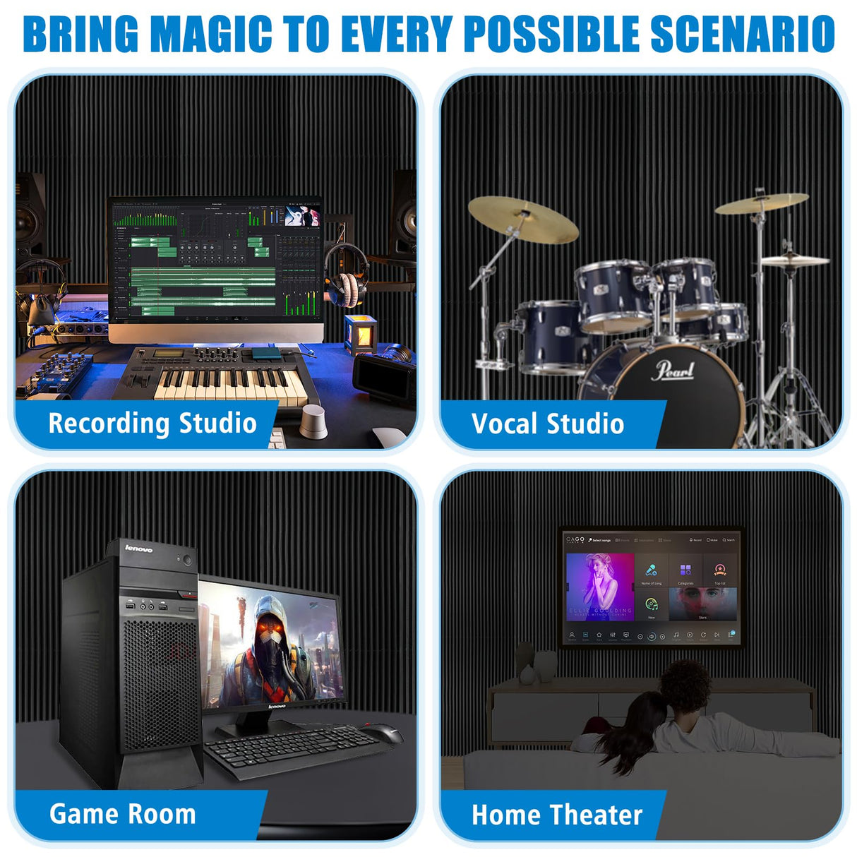 4 PCS Acoustic Panels,48''X24''X2'' Soundproof Foam Wall Panels,High Density Fireproof Noise Cancelling Foam Studio Foam Panel,Noise (Black-4 Pack) YHYGHXFR