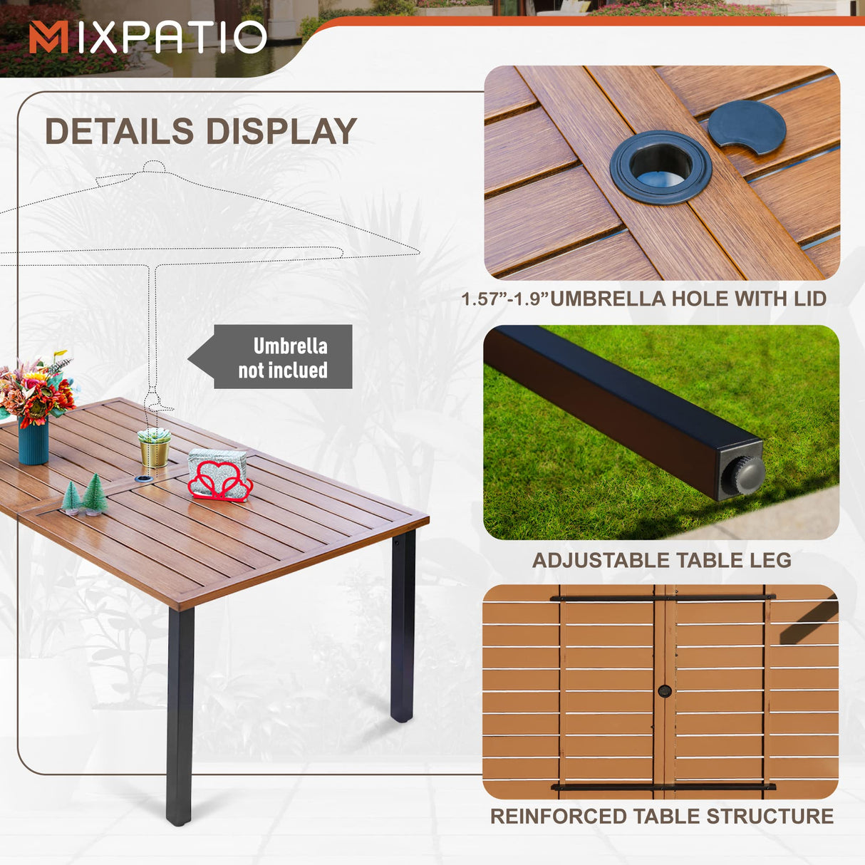 MIXPATIO 7-Piece Outdoor Dining Set 6 Brown Textilene Chairs and Teak Color Tabletop Outdoor Dining Table with 1.57"~2" Umbrella Hole for Deck Garden Backyard MIXPATIO