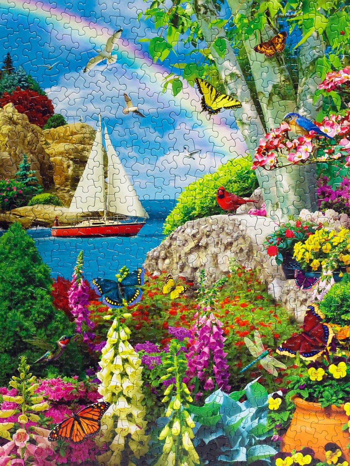 Springbok Stairway to Serenity 500 Piece Jigsaw Puzzle for Adults by Arist Alan Giana - Colorful Garden by The Ocean - Finished Size 23.5" x 18" Springbok