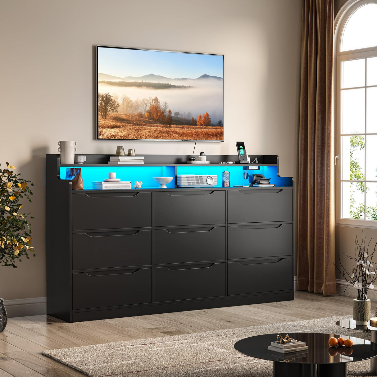 DurayLoly Modern Dresser for Bedroom with LED Light, 9 Drawer Black Dresser with Charging, Wooden Chest of Drawers, Large TV Stand for Bedroom DurayLoly