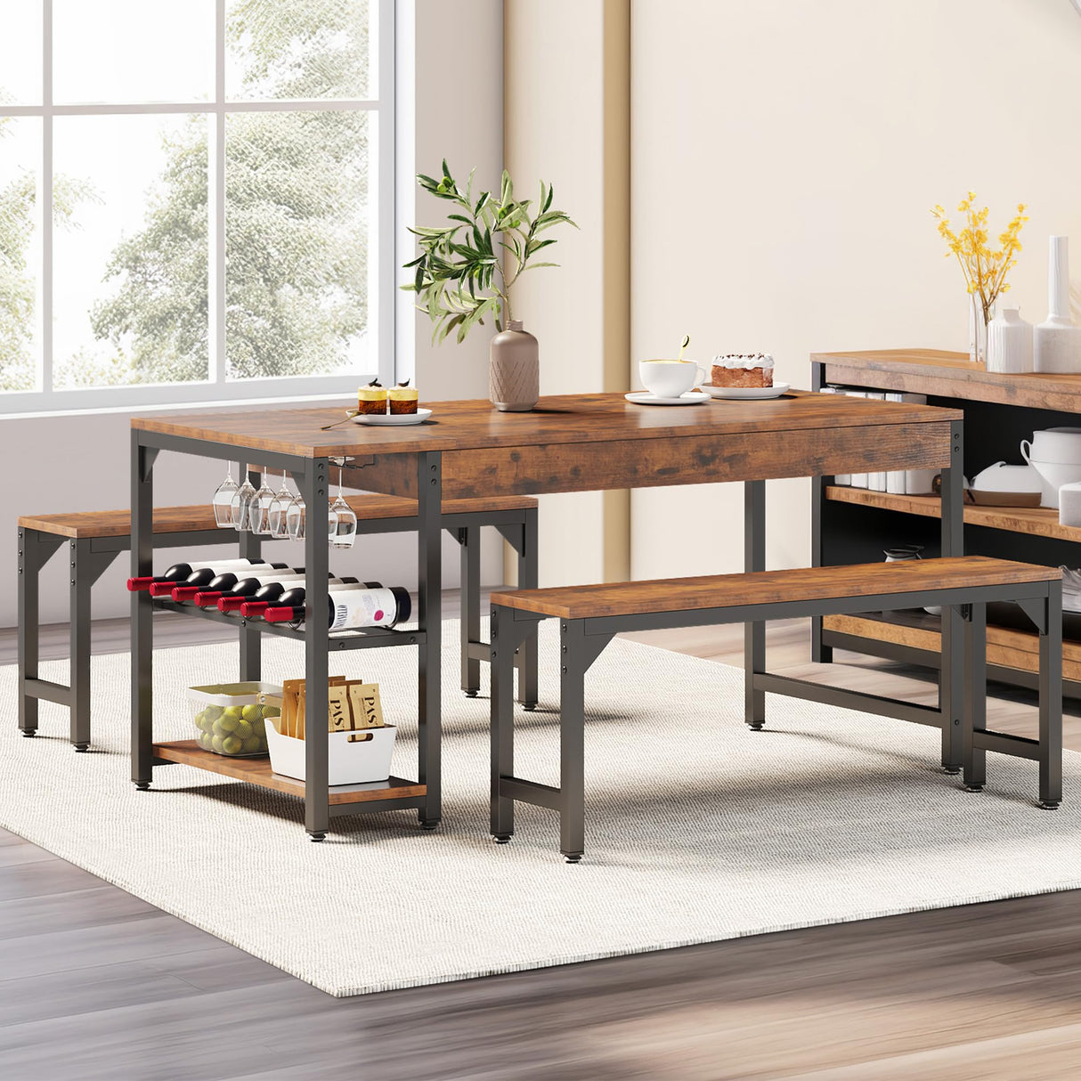 YITAHOME 63" 3 Piece Kitchen Dining Room Table Set for 4 w Bench & Storage, Farmhouse Rectangle Dinette Sets w Wine & Glass Holder 4 Seater, Space Saving for Apartment Dinner Breakfast, Rustic Brown YITAHOME