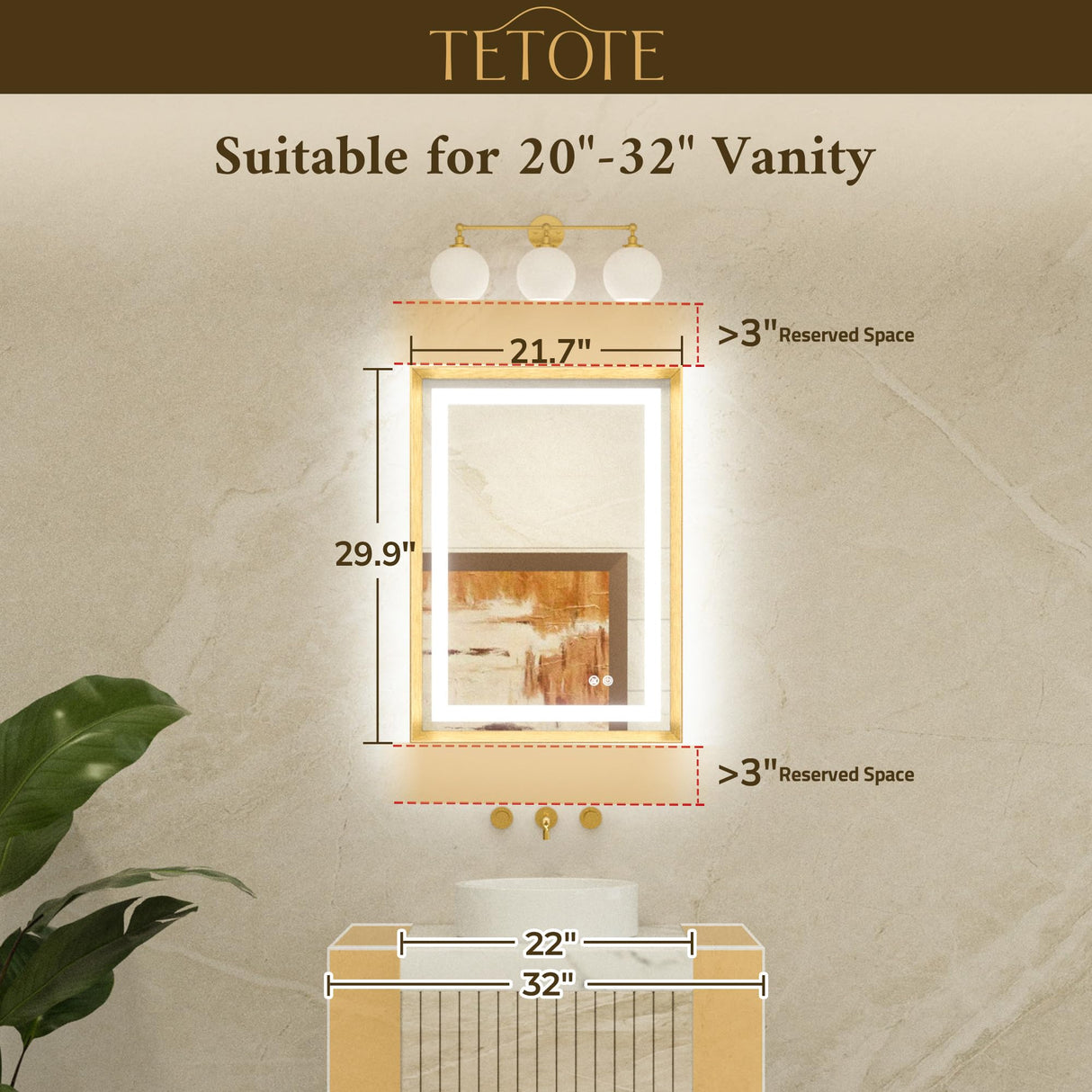 TETOTE 22 x 30 Bathroom LED Mirror Brushed Gold Metal Frame Frontlit & Backlit Vanity Mirror Anti-Fog Stepless Dimmable 3 Colors White/Warm/Natural Mirror with Lights Wall-Mounted TETOTE