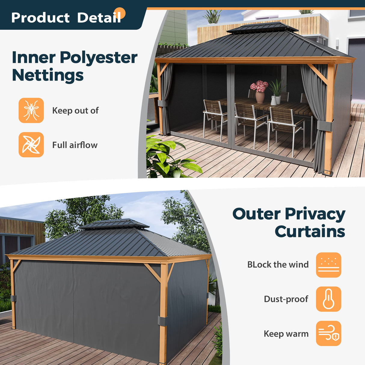 HAPPATIO 12' x 16' Hardtop Gazebo, Outdoor Wood-Grain Frame Aluminum Gazebo with Galvanized Steel Double Roof,Patio Gazebo Canopy with Netting and Curtains for Patio, Deck,Backyard (Gray) HAPPATIO