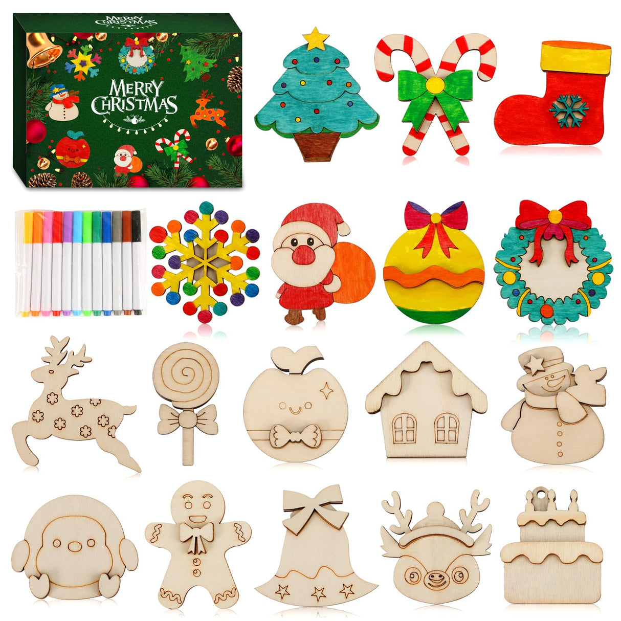 Worgree Christmas Crafts for Kids, 36pcs DIY Wooden Magnets Art Craft Supplies Painting Kit for Boys Girls Ages 4-8 8-12 Xmas Stocking Stuffers Toys Party Favors Gifts Goodie Bag Fillers Holiday Decor Worgree