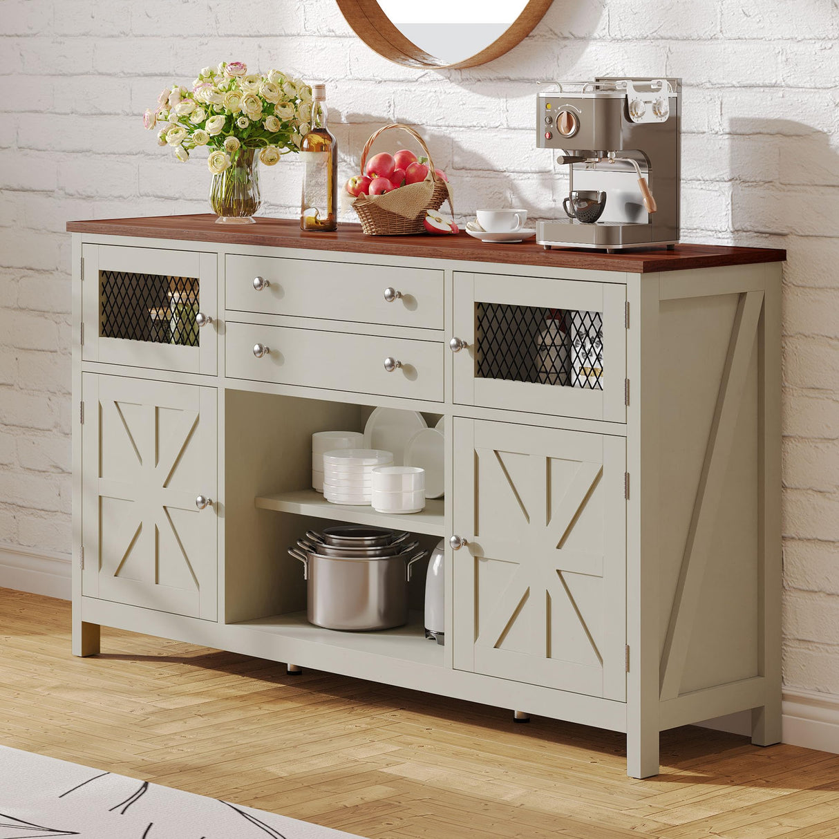 DWVO Farmhouse Buffet Cabinet with Storage, 59" Kitchen Coffee Bar Cabinet, 2 Large Drawers, Visual Grid Door, Storage Shelves for Kitchen & Living Room, Antique White DWVO