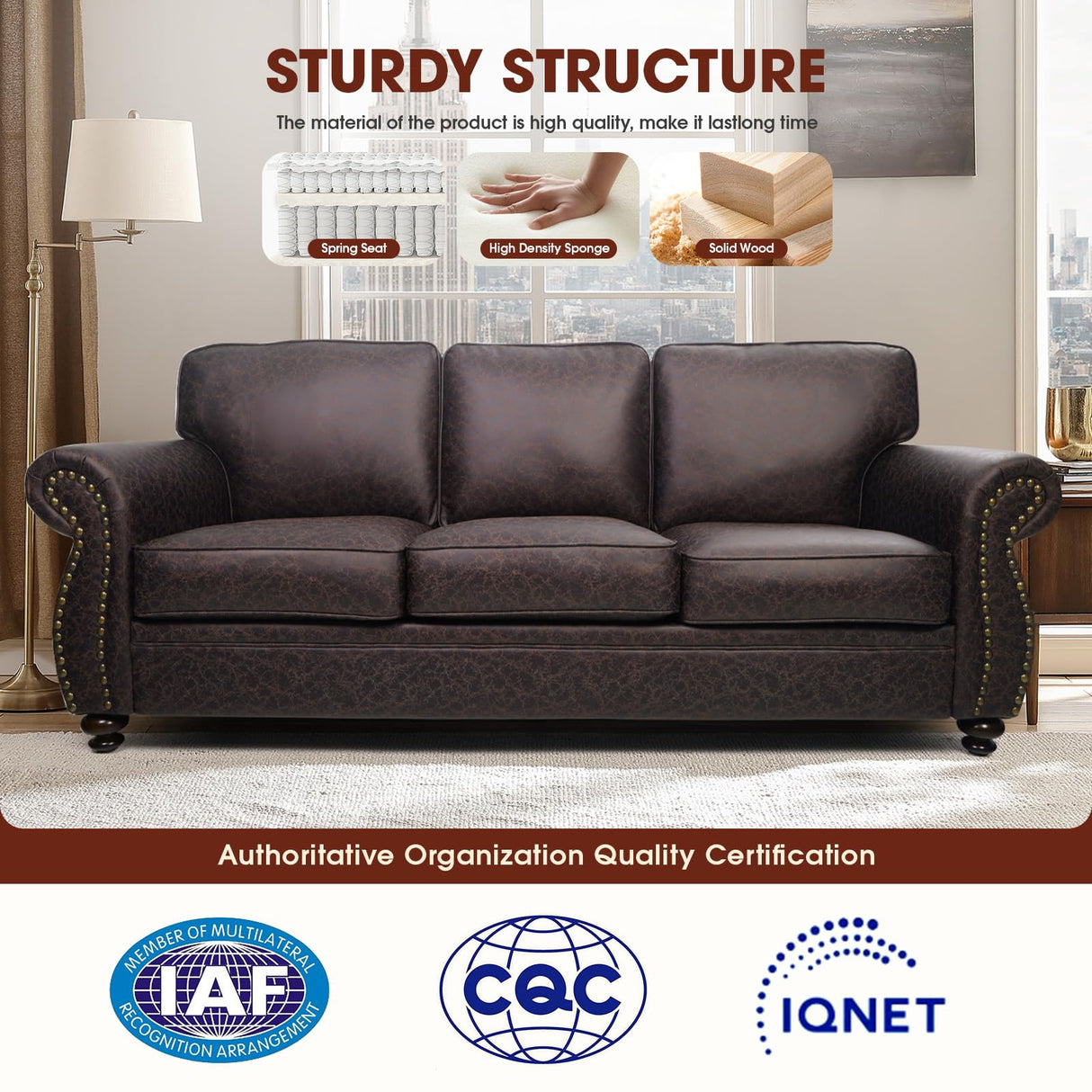 Couchus Mid-Century Vintage Sofa Couches with Rivet Design,loveseat Sofa,Removable Sofa Cover Upholstered Cushions and Solid Wood Frame (Brown, 3-Seater) Couchus