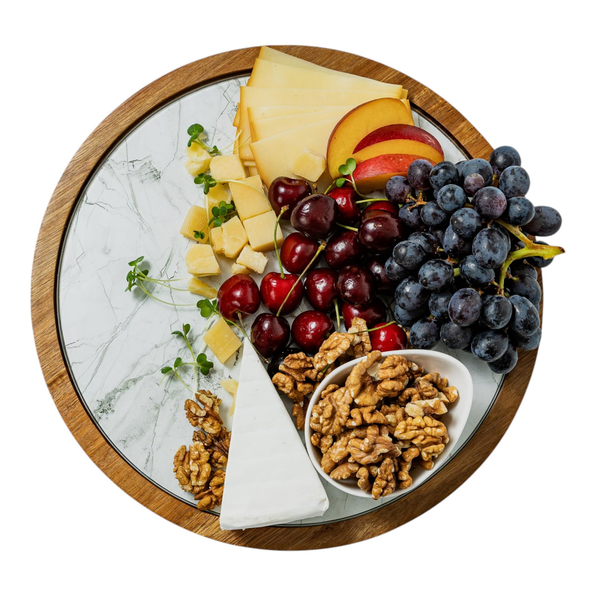 12-Inch Premium Acacia Wood Lazy Susan Turntable for Table Top with Removable Marble Texture Glass Plate, Wooden Lazy Susan for Dining Table Centerpiece & Kitchen Countertop Rickby