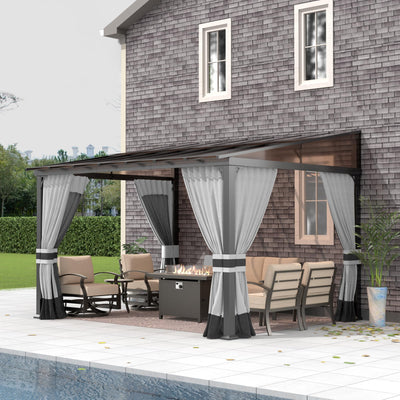 Gotland 10FTx12FT Outdoor Wall-Mounted Hardtop Pergola, Metal Frame Gazebo with Sloping Sun Panel Roof and Double Curtains for Patio, Garden, Lawn, Grey