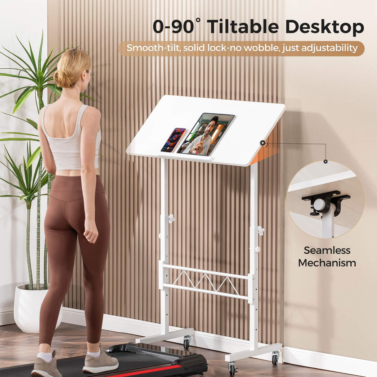 COMHOMA Small Standing Desk Adjustable Height & Tiltable Tabletop, Mobile Stand Up Desk for Laptop, Portable Computer Table for Home Office Work and Walking Pad Treadmill, Height 30.7"-46.4", White COMHOMA