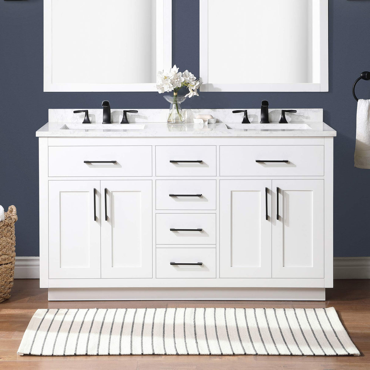 OVE Decors Bathroom Vanity with Black Hardware and Power Bar in White Finish, 60 inches OVE Decors